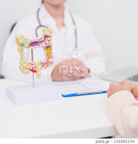 Elderly woman Patient consultation with doctor for Colon disease, Large Intestine, Colorectal cancer, Ulcerative colitis, Diverticulitis, Irritable bowel syndrome, Digestive system and Healthcare 135892254