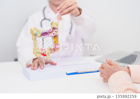 Elderly woman Patient consultation with doctor for Colon disease, Large Intestine, Colorectal cancer, Ulcerative colitis, Diverticulitis, Irritable bowel syndrome, Digestive system and Healthcare Elderly woman Patient consultation with doctor for Colon disease, Large Intestine, Colorectal cancer, Ulcerative colitis, Diverticulitis, Irritable bowel syndrome, Digestive system and Healthcare 135892259