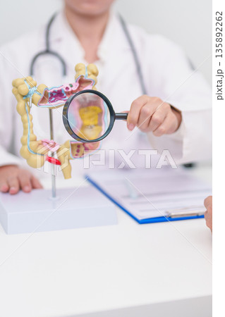 Elderly woman Patient consultation with doctor for Colon disease, Large Intestine, Colorectal cancer, Ulcerative colitis, Diverticulitis, Irritable bowel syndrome, Digestive system and Healthcare Elderly woman Patient consultation with doctor for Colon disease, Large Intestine, Colorectal cancer, Ulcerative colitis, Diverticulitis, Irritable bowel syndrome, Digestive system and Healthcare 135892262