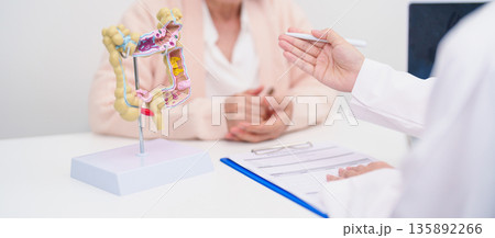 Elderly woman Patient consultation with doctor for Colon disease, Large Intestine, Colorectal cancer, Ulcerative colitis, Diverticulitis, Irritable bowel syndrome, Digestive system and Healthcare 135892266