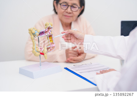 Elderly woman Patient consultation with doctor for Colon disease, Large Intestine, Colorectal cancer, Ulcerative colitis, Diverticulitis, Irritable bowel syndrome, Digestive system and Healthcare 135892267
