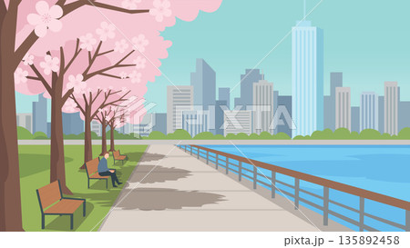 Riverside Walkway With Spring Blossoms Riverside Walkway With Spring Blossoms 135892458