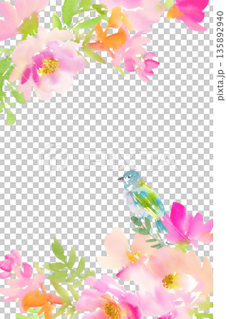 手繪水彩背景插圖，描繪了粉紅色花朵和小鳥。植物邊框。 135892940