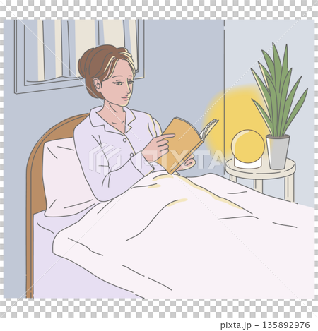 暖かみのあるライトをつけ、ベッドの上で書籍を読む女性のイラスト 暖かみのあるライトをつけ、ベッドの上で書籍を読む女性のイラスト 135892976
