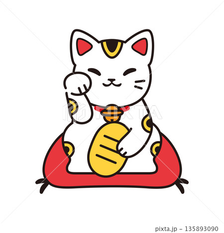 赤い座布団に座る招きねこ　金運と幸運を願うベクターイラスト 135893090