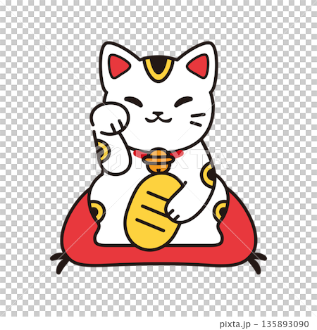 赤い座布団に座る招きねこ　金運と幸運を願うベクターイラスト 135893090