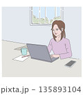 デスクに置いたノートパソコンに向かって作業をする若い女性のイラスト 135893104