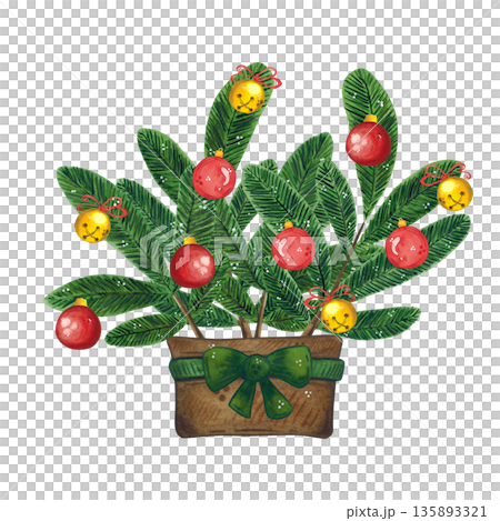 A vase with fir branches, bells, and red baubles. Hand-drawn watercolor illustration, cartoon. Design for stickers, posters, cards, scrapbooking. Christmas, holiday, decoration, plant 135893321