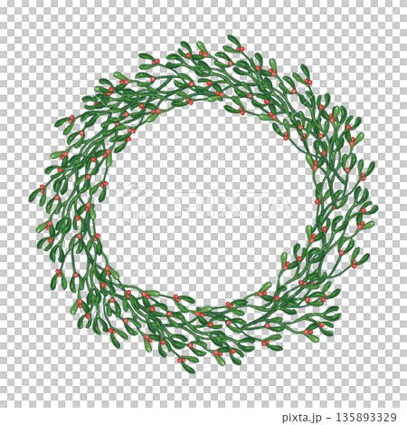 A green wreath of mistletoe branches. Hand-drawn watercolor illustration, cartoon. Design for stickers, posters, cards, scrapbooking. Christmas, holiday, decoration, plant A green wreath of mistletoe branches. Hand-drawn watercolor illustration, cartoon. Design for stickers, posters, cards, scrapbooking. Christmas, holiday, decoration, plant 135893329