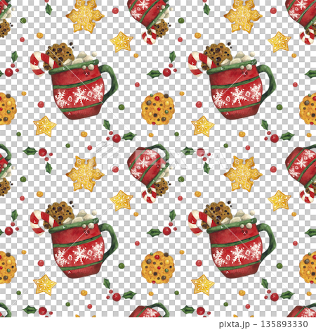 Seamless pattern with cocoa mugs, marshmallows, cookies, and gingerbread. Hand-drawn watercolor illustration, cartoon. Design for poster, card, and scrapbooking. Christmas, holiday, decoration, plant Seamless pattern with cocoa mugs, marshmallows, cookies, and gingerbread. Hand-drawn watercolor illustration, cartoon. Design for poster, card, and scrapbooking. Christmas, holiday, decoration, plant 135893330
