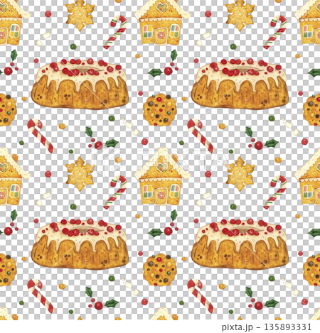 Seamless pattern Christmas cupcake, candy cane, gingerbread house. Hand-drawn watercolor illustration, cartoon. Drawing for poster, card, and scrapbooking. Christmas, holiday, decoration, plant Seamless pattern Christmas cupcake, candy cane, gingerbread house. Hand-drawn watercolor illustration, cartoon. Drawing for poster, card, and scrapbooking. Christmas, holiday, decoration, plant 135893331