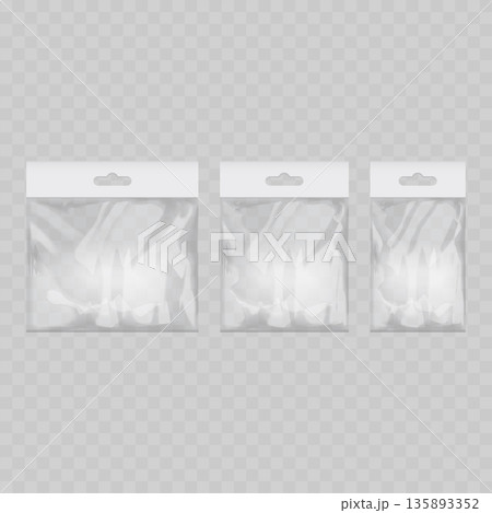 Realistic Transparent Plastic Bag Mockup Set with White Header. Vector Polybag Packaging Template with Hang Tab. Realistic Transparent Plastic Bag Mockup Set with White Header. Vector Polybag Packaging Template with Hang Tab. 135893352