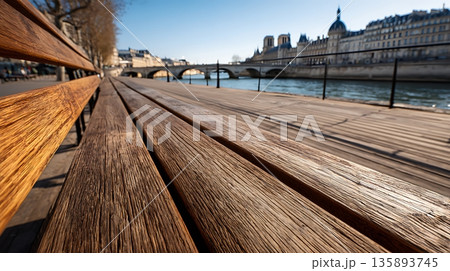 Parisian Bench View Seine River, Bridges, Notre Dame Cathedral in Background 135893745