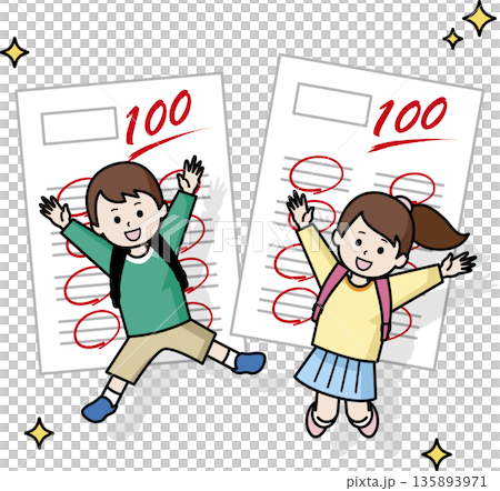 100点をとって喜ぶ男の子と女の子 135893971