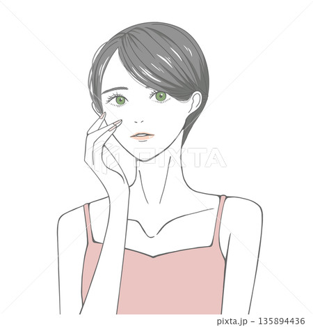 右頬に手を添える女性(黒髪) 右頬に手を添える女性(黒髪) 135894436