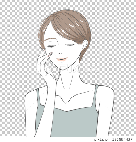 目をつぶり右頬に手を添える女性(茶髪) 135894437