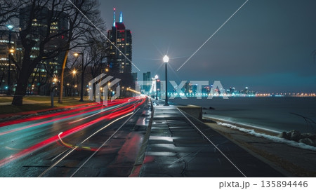 The waterfront promenade is lined with street lamps creating a dramatic contrast with the moving car light trails 135894446