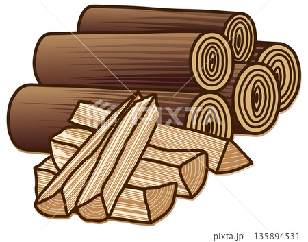 焚き火やストーブ用の丸太と薪割りされた焚き木の挿絵イラスト 135894531