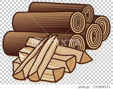 焚き火やストーブ用の丸太と薪割りされた焚き木の挿絵イラスト 135894531