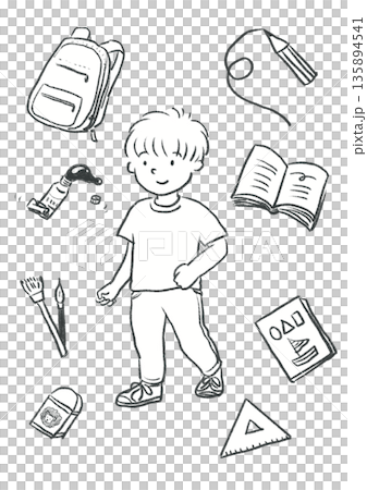 School supplies set on pastel background Hand drawn line illustration School supplies set on pastel background Hand drawn line illustration 135894541