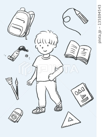 パステル背景の学校用品セット 手描き線画イラスト パステル背景の学校用品セット 手描き線画イラスト 135894543