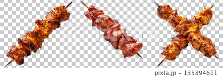 Anticuchos grilled beef meat skewer isolated on white transparent background, concept of South American barbecue cuisine 135894611