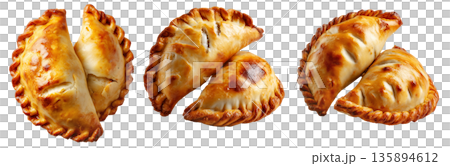 Argentina and Uruguay empanadas stacked in a pyramid, golden baked crust, meat and potato filling, isolated on white background 135894612