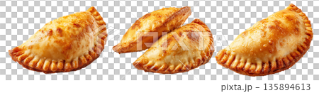Argentina and Uruguay empanadas stacked in a pyramid, golden baked crust, meat and potato filling, isolated on white background Argentina and Uruguay empanadas stacked in a pyramid, golden baked crust, meat and potato filling, isolated on white background 135894613