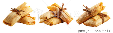 Venezuelan tamales wrapped in corn husk, tied with rustic rope, isolated on white background, representing South American cuisine Venezuelan tamales wrapped in corn husk, tied with rustic rope, isolated on white background, representing South American cuisine 135894614