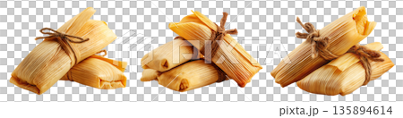 Venezuelan tamales wrapped in corn husk, tied with rustic rope, isolated on white background, representing South American cuisine Venezuelan tamales wrapped in corn husk, tied with rustic rope, isolated on white background, representing South American cuisine 135894614