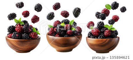 Berry Cobbler made from blackberries and raspberries in wooden bowl, isolated on white background, concept of fresh organic fruit Berry Cobbler made from blackberries and raspberries in wooden bowl, isolated on white background, concept of fresh organic fruit 135894621