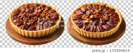 Sweet glazed pecan tart pie with golden crust and caramelized nut topping, isolated on white background, concept of dessert Sweet glazed pecan tart pie with golden crust and caramelized nut topping, isolated on white background, concept of dessert 135894624