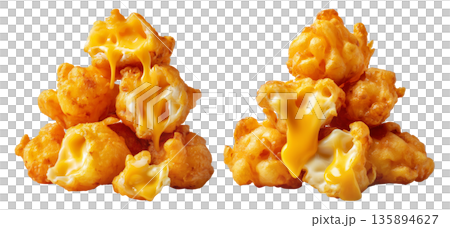 Golden crispy deep-fried cheese balls curds with melted cheese filling, isolated on white background, United States dishes Golden crispy deep-fried cheese balls curds with melted cheese filling, isolated on white background, United States dishes 135894627