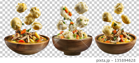 Hearty chicken and dumplings soup with peas and carrots in wooden bowl, floating dumplings, isolated on white background Hearty chicken and dumplings soup with peas and carrots in wooden bowl, floating dumplings, isolated on white background 135894628