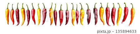 Chili peppers in green, red, yellow, and orange with water droplets isolated on white transparent background. Chili peppers in green, red, yellow, and orange with water droplets isolated on white transparent background. 135894633