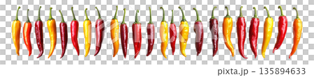 Chili peppers in green, red, yellow, and orange with water droplets isolated on white transparent background. Chili peppers in green, red, yellow, and orange with water droplets isolated on white transparent background. 135894633