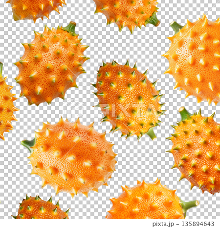 Multiple horned orange kiwano fruits with green tips isolated on white background, concept of exotic fruit freshness Multiple horned orange kiwano fruits with green tips isolated on white background, concept of exotic fruit freshness 135894643