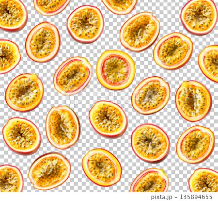 Multiple fresh passion fruit halves showing juicy pulp and seeds, isolated on white background, concept of tropical fruit freshnes 135894655