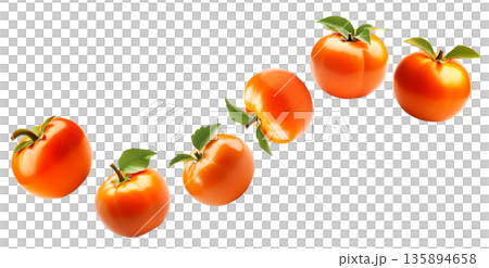 Multiple ripe orange persimmons with green leaves isolated on white background, concept of organic healthy food Multiple ripe orange persimmons with green leaves isolated on white background, concept of organic healthy food 135894658