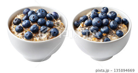 Fresh blueberries and chia seeds on creamy oatmeal in white ceramic bowl, isolated on white transparent background 135894669