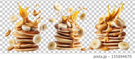 Stack of pancakes topped with banana slices and peanut butter splash isolated on white transparent background 135894670