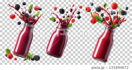 Vibrant berry smoothie splashing from glass bottle, surrounded by fresh fruits and mint, isolated on white background 135894672