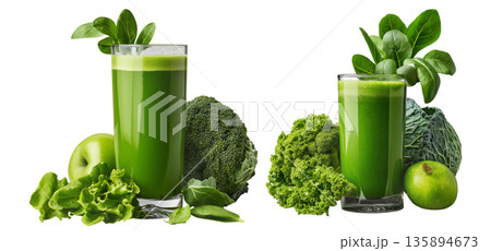 Fresh green smoothie in glass surrounded by lettuce, cucumber, spinach, and apple, isolated on white background Fresh green smoothie in glass surrounded by lettuce, cucumber, spinach, and apple, isolated on white background 135894673