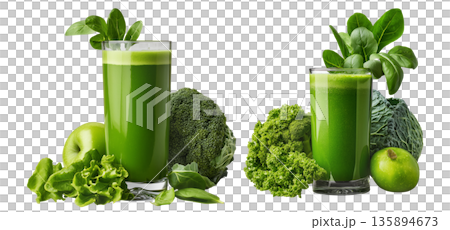 Fresh green smoothie in glass surrounded by lettuce, cucumber, spinach, and apple, isolated on white background Fresh green smoothie in glass surrounded by lettuce, cucumber, spinach, and apple, isolated on white background 135894673