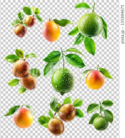 Set of golden plums, lime and mango with dew drops, leaves isolated on a white transparent background. Set of golden plums, lime and mango with dew drops, leaves isolated on a white transparent background. 135894675