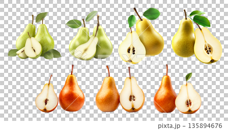 Set of ripe pear and sliced half with visible seeds and green leaf isolated on white transparent background 135894676