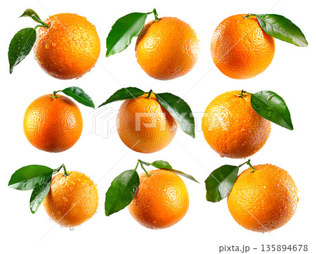 Set of orange with water droplets represents natural, vibrant citrus goodness isolated on a white transparent background 135894678