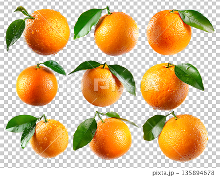 Set of orange with water droplets represents natural, vibrant citrus goodness isolated on a white transparent background 135894678