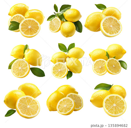 Set of yellow lemons with vibrant green leaves isolated on white transparent background Set of yellow lemons with vibrant green leaves isolated on white transparent background 135894682