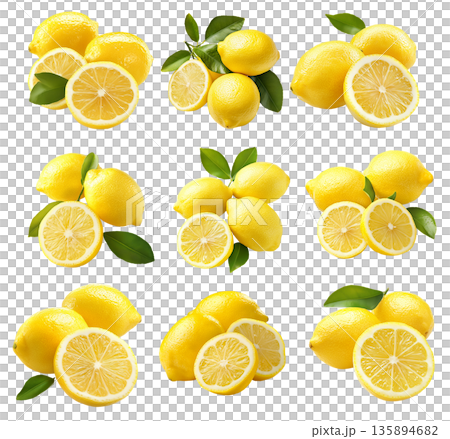 Set of yellow lemons with vibrant green leaves isolated on white transparent background Set of yellow lemons with vibrant green leaves isolated on white transparent background 135894682
